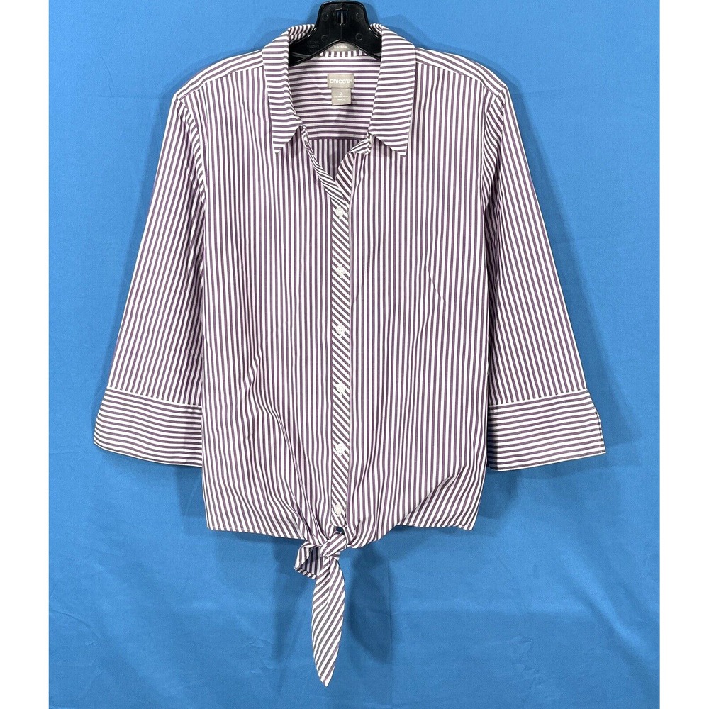 CHICO'S Non-Iron PURPLE/WHITE Striped TWILL Tie Front BUTTON-UP Shirt 2 (US=12)